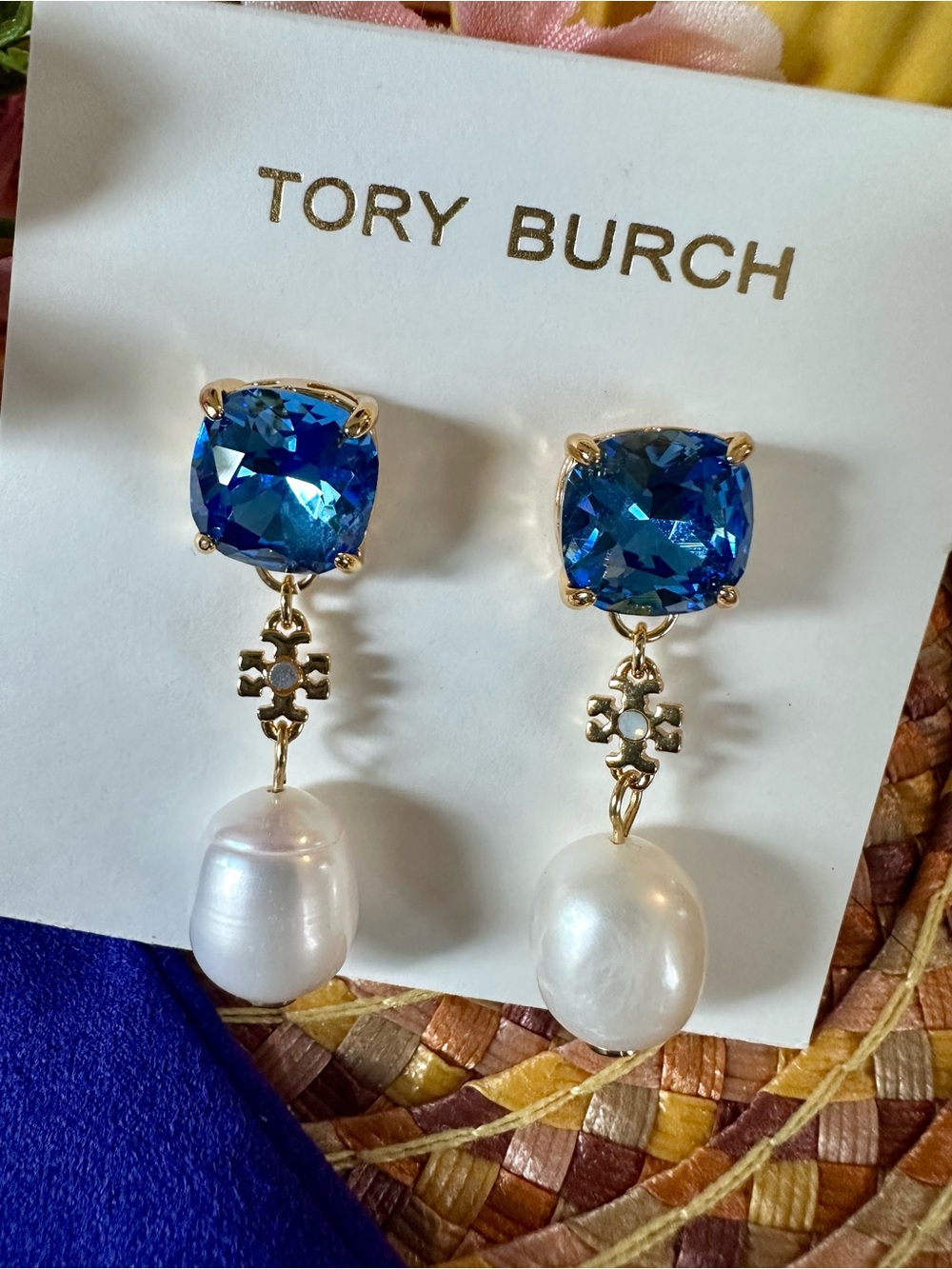 Tory Burch Gold, Blue & White Crystal Pearl Drop Earrings - Picture 5 of 5